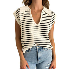 V Neck Cap Sleeve Sweater Vest Sleeveless Collared Striped Knit Tank Tops
