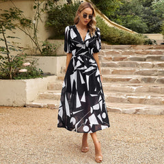 V-Neck Printed Long Dress â€?Short Sleeves, Slim Fit Beach Vacation Style