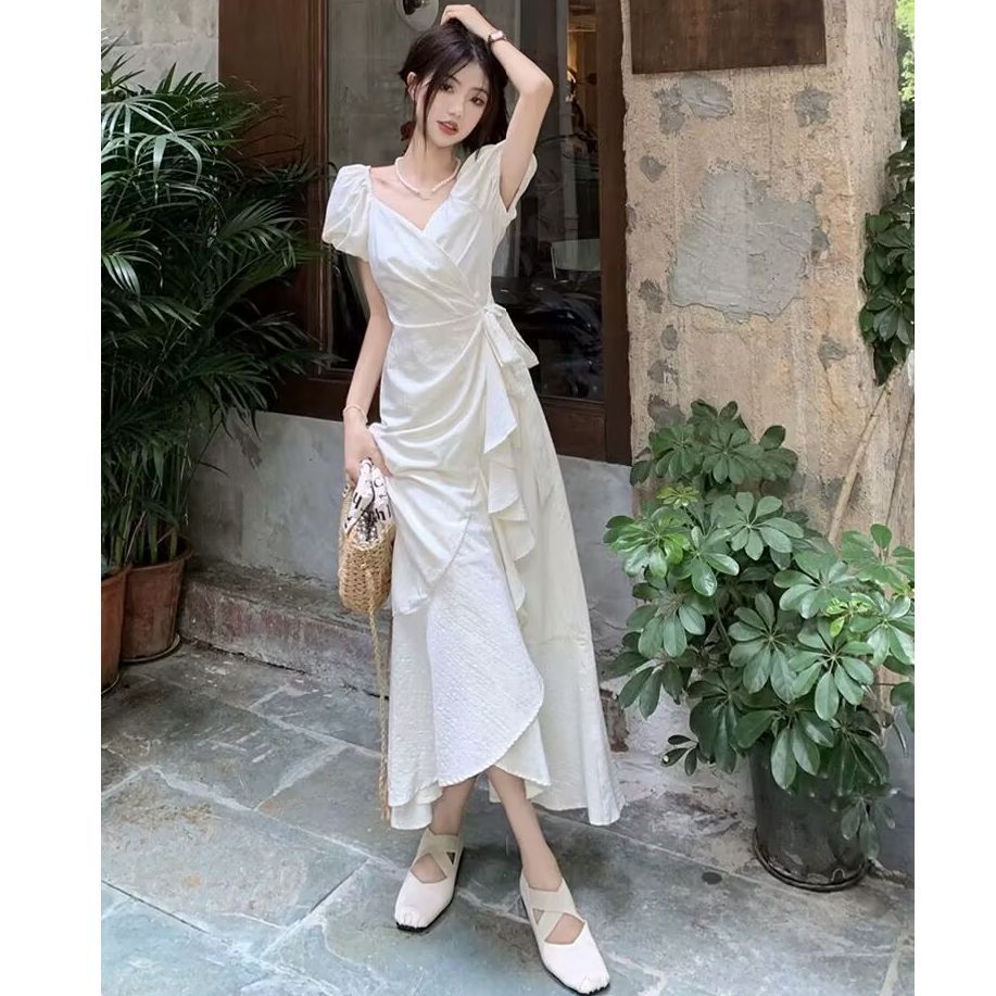 White V Neck Lace Up Short Sleeve Dress