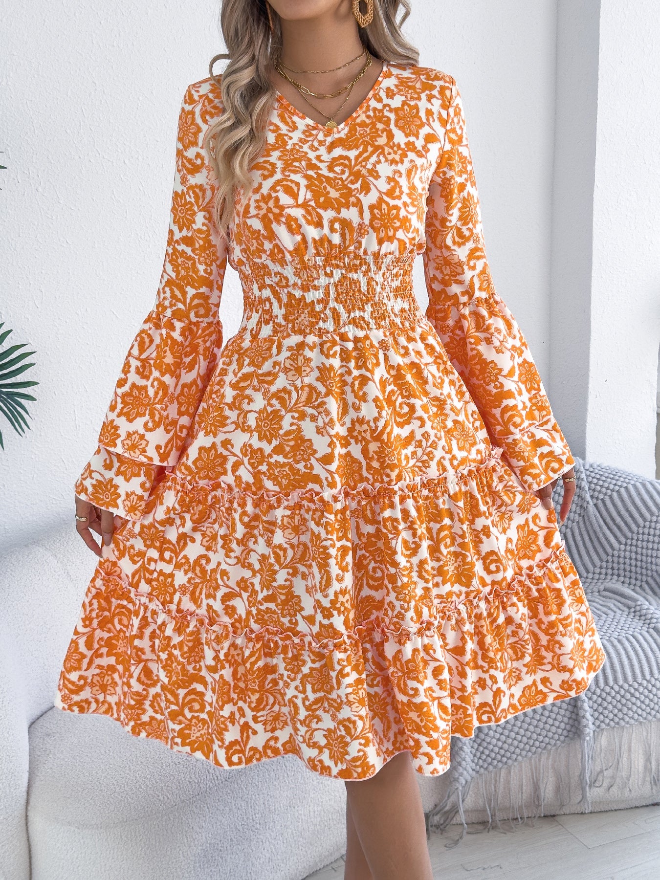 Vintage Bell Sleeve Ruffle Trim Tie Waist A-Line Dress