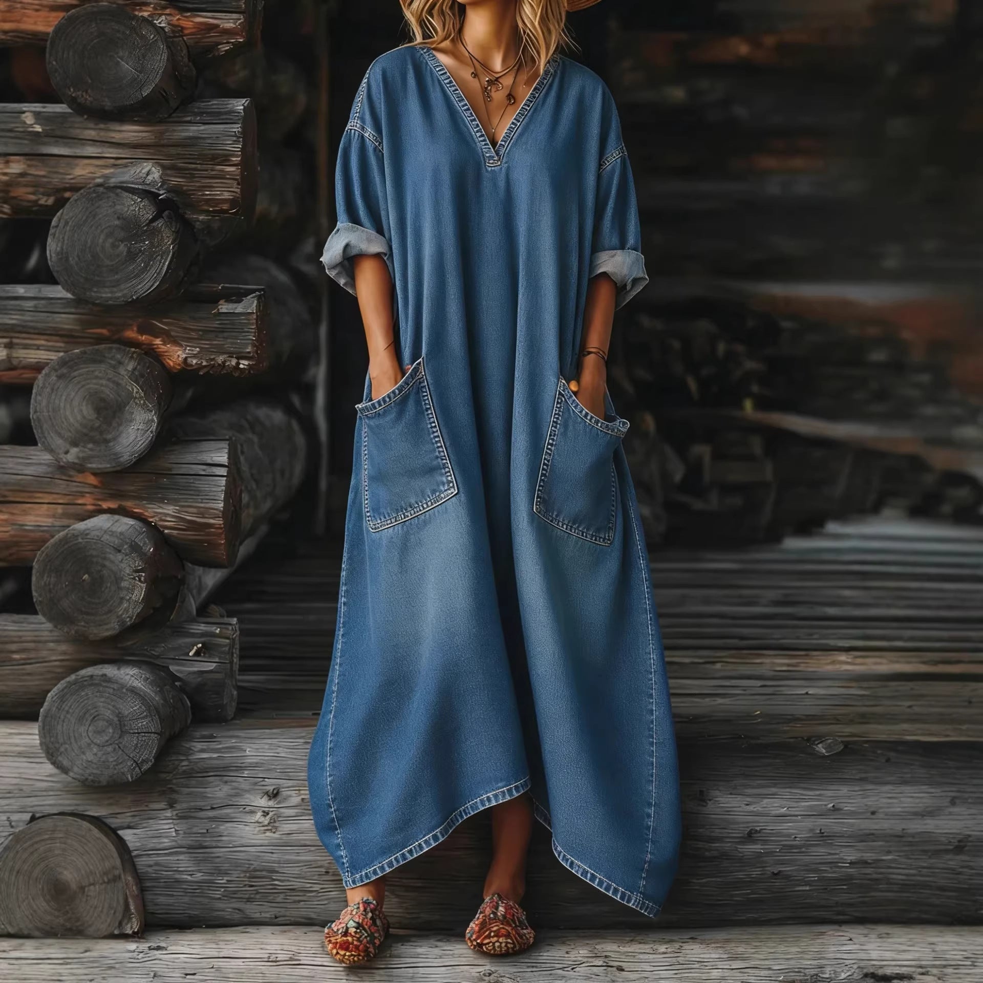Casual Loose-fit Midi Denim Dress