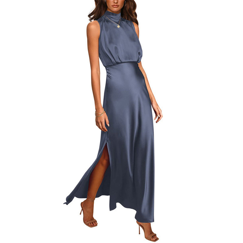 Satin Stand Collar Dress â€?Elegant High-Neck Silky Style