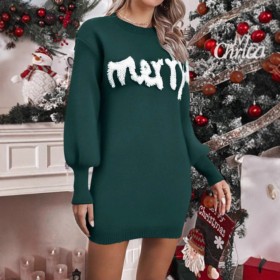 Knitted Round Neck Lantern Sleeve Pullover Sheath Dress