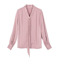 Satin Tie-neck Long Sleeve Shirt Simple All-match Tops