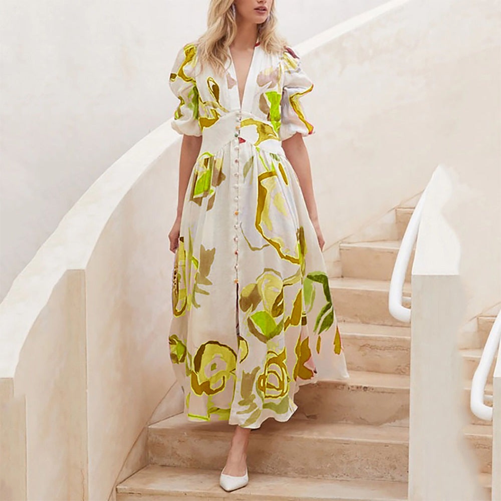 Print Dresses For V-neck Button Short Sleeve Dress