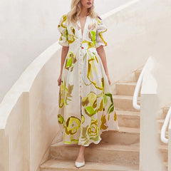 Print Dresses For V-neck Button Short Sleeve Dress