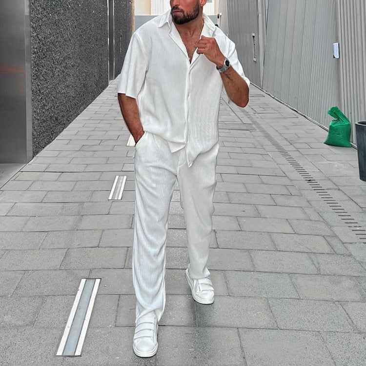Leisure Loose Beachwear Solid Color Striped Short Sleeve Suit Southeast Asian Men's Shirt Two-piece Set