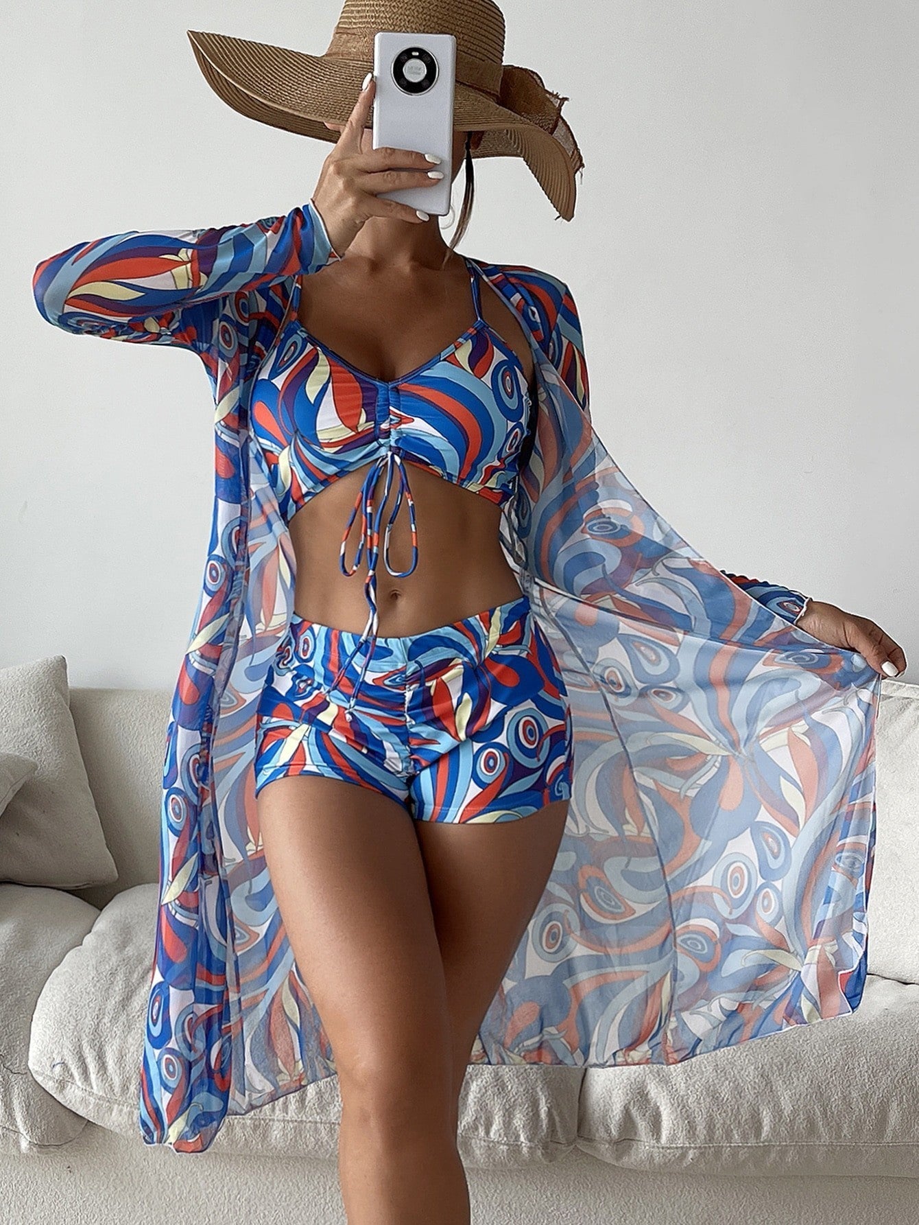 3pcs Pring Bikini With Long Sleeve Cardigan Beach Swimsuit Women