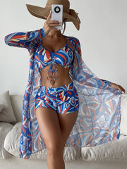 3pcs Pring Bikini With Long Sleeve Cardigan Beach Swimsuit Women