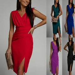 Long Dress V-neck Sleeveless Slit High Waisted Evening Gown Wear