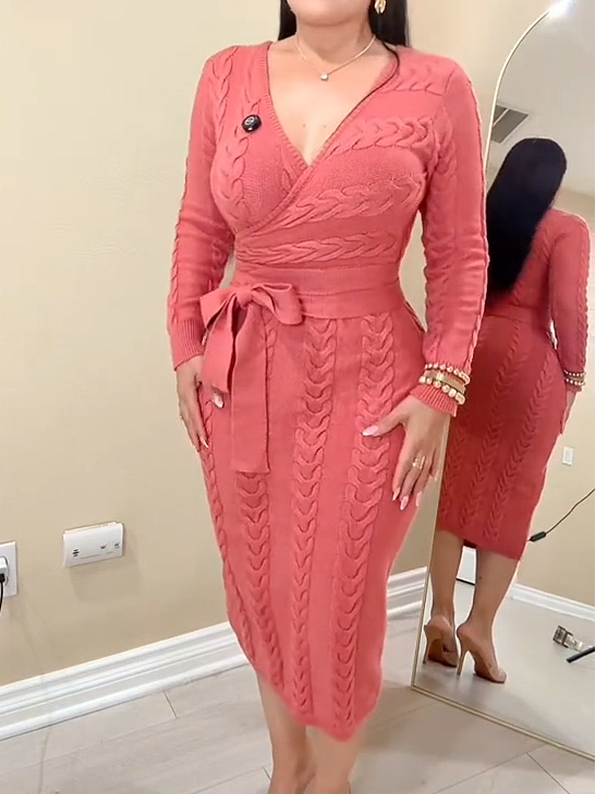 Deep V Neck Textured Long Sleeved Midi Length Knitted Dress With A Fitted Waist