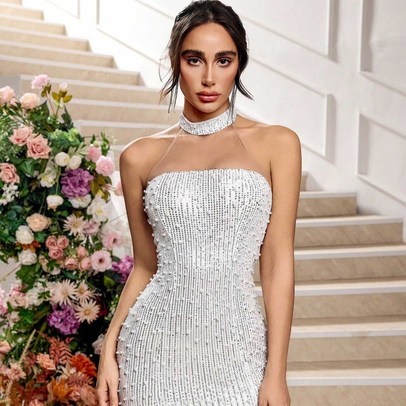 Solid Color Hollow-out Lace Evening Dress