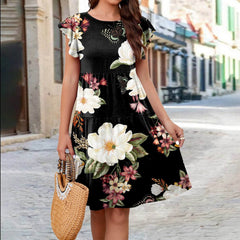 Ruffle Sleeve Dress Loose Flower Print Beach Dresses Sweet Skirt Women