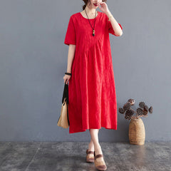 Loose And Simple Jacquard Irregular Large Size Cotton And Linen Dress For Women
