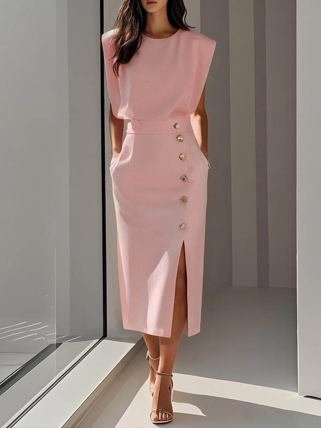 Split Metal Button Dress Women