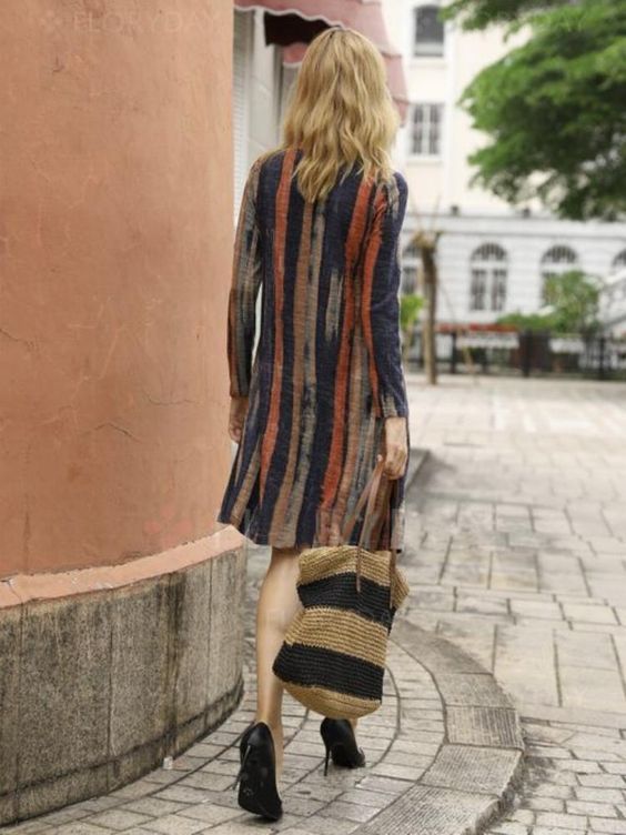Printed Striped V-neck Pocket Long Sleeve Dress Women