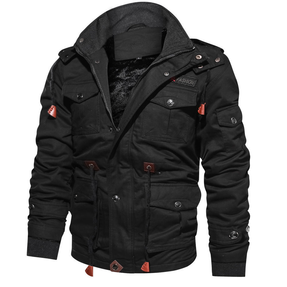 Zip-up Coat Warm Thickened Detachable Hooded Jacket Multi-pocket Button Drawstring Long Sleeve Tops Men's Cargo Clothing
