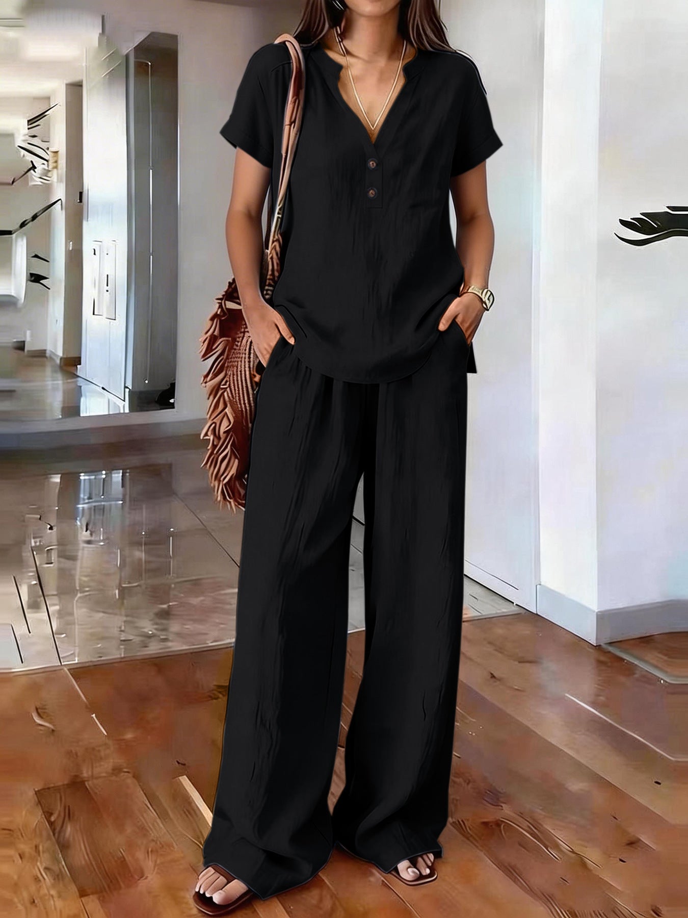 Casual Solid-Colored Cotton And Linen Set