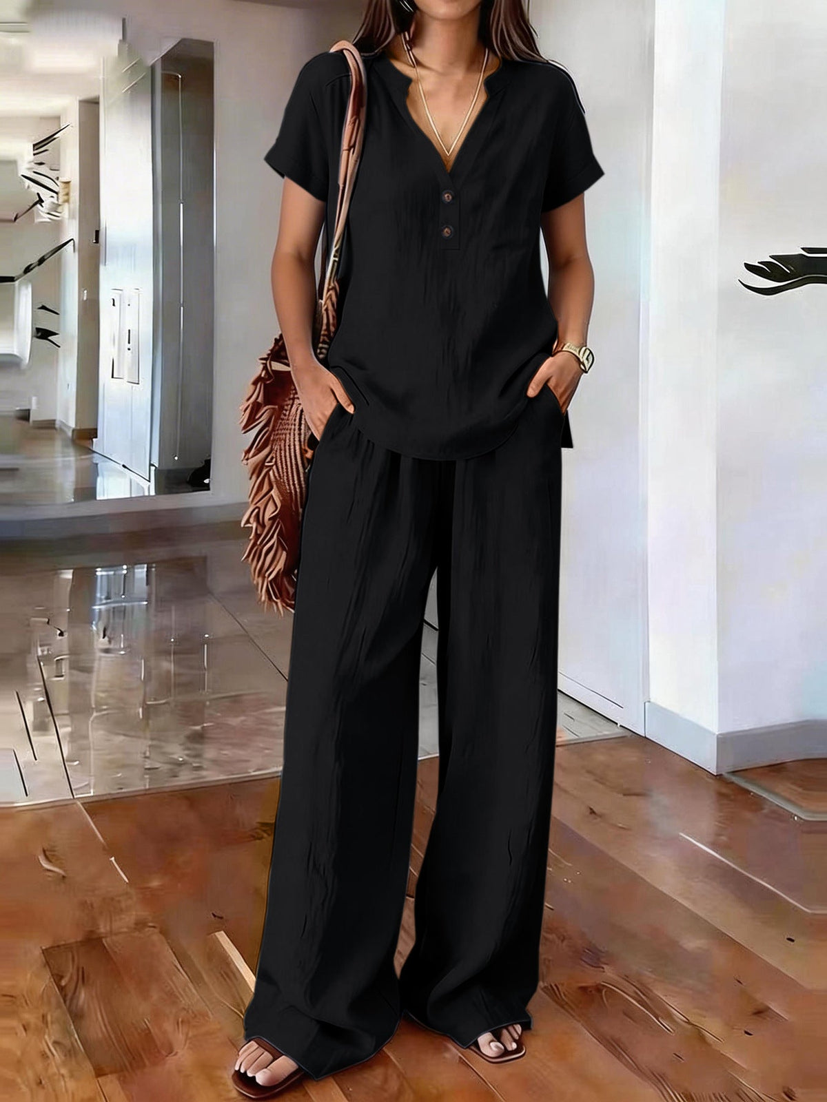 Casual Solid-Colored Cotton And Linen Set