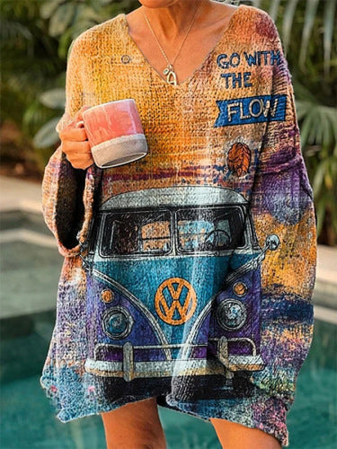 Elegant Digital Printing Casual Loose Sweater Dress