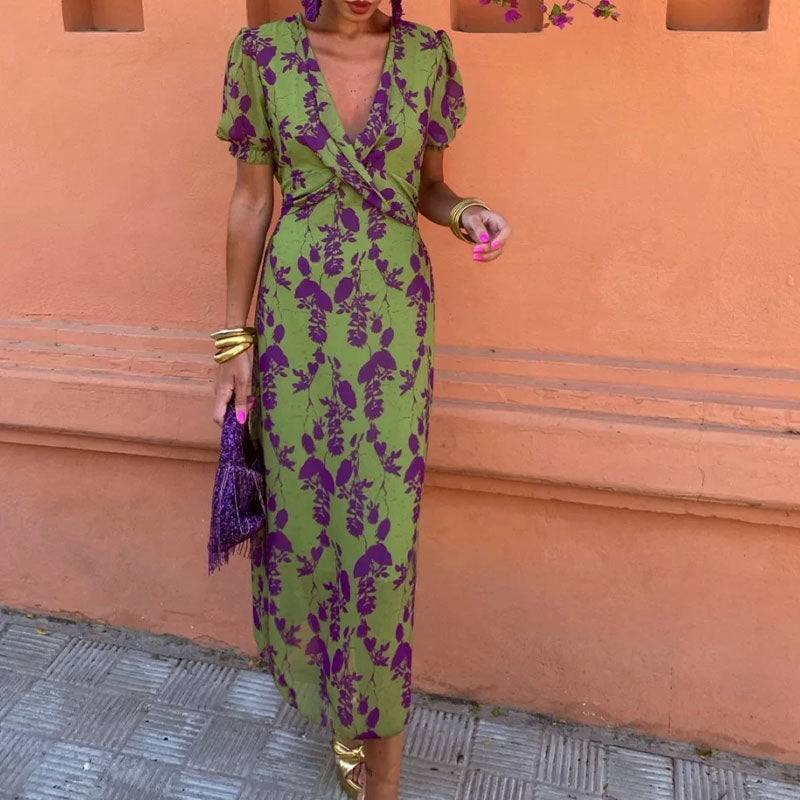 V-neck Short-sleeved Dress Flowers Printed Slim Beach Dresses For Clothing