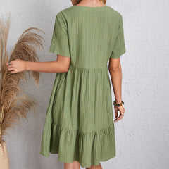 V-neck Short Sleeve Dress Casual Loose Ruffled Dresses Beach Clothing Women