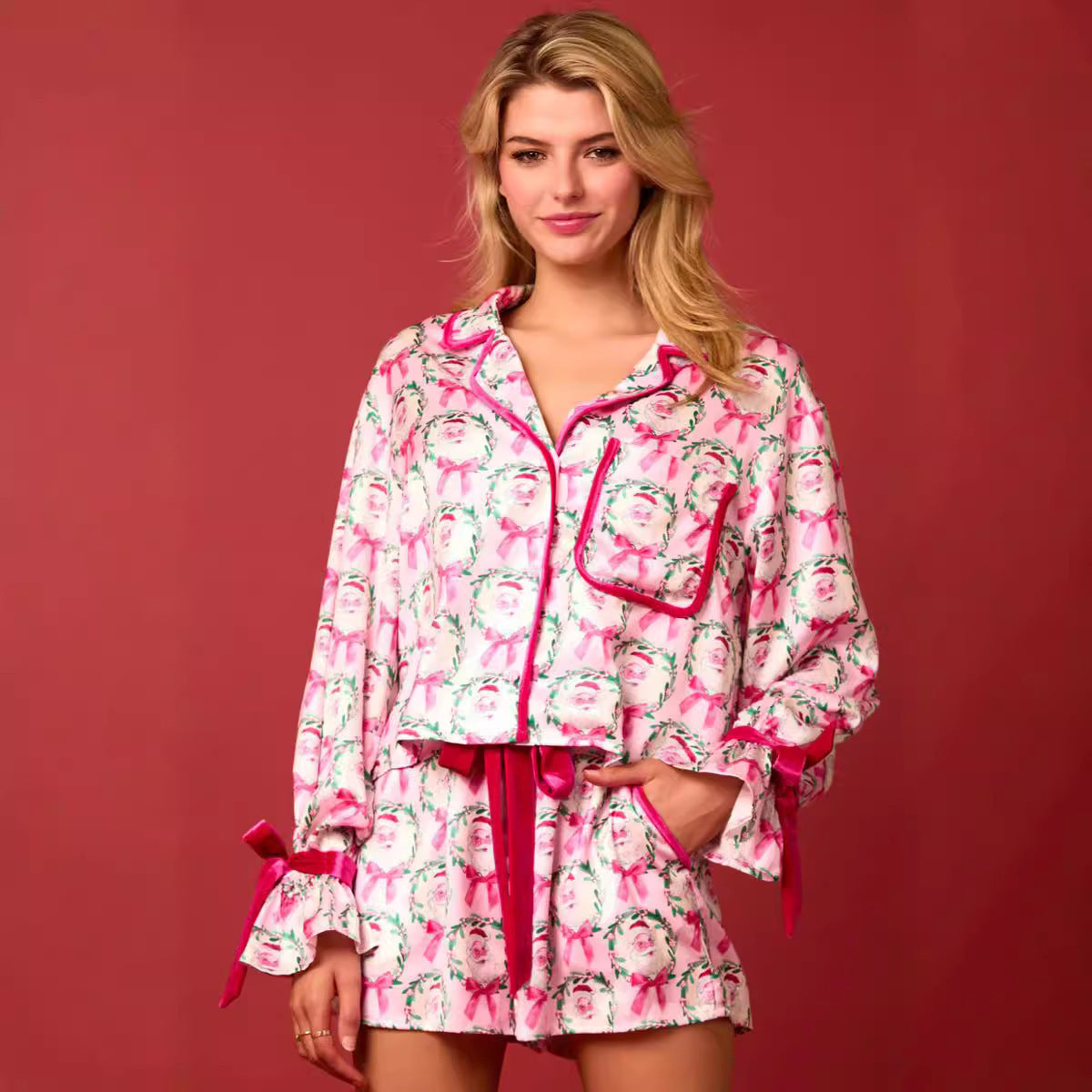 2 Pcs Christmas Pajama Set Santa Tree Print Lapel Neck Button-up Long Sleeve Tops Shorts Loungewear Outfit