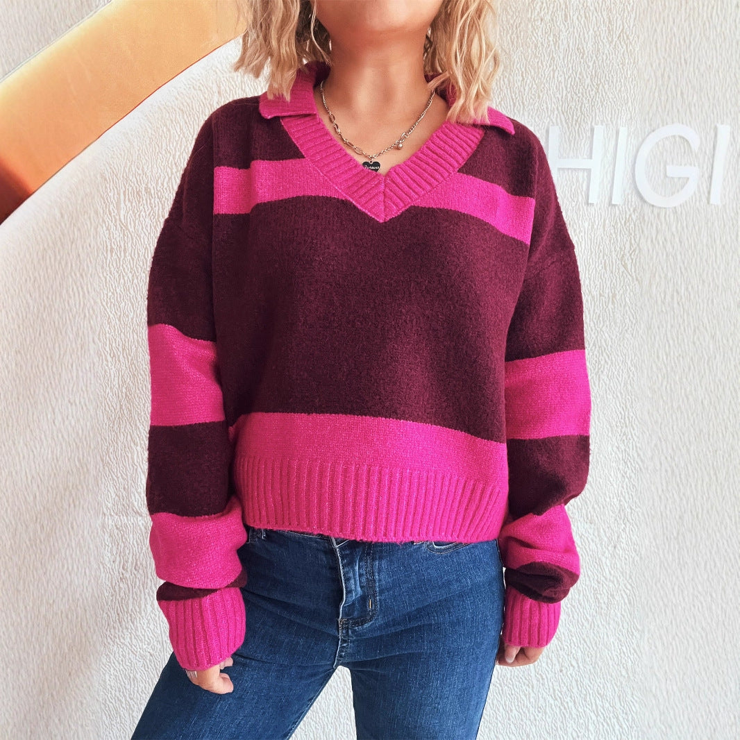 Contrast Color Striped Knitted Lapel Commuter Long Sleeve Sweater