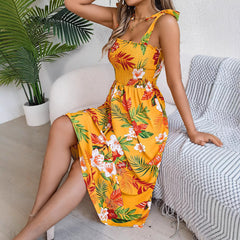 Flowers Print Suspender Corset Dress Ins Holiday Beach Long Dresses Clothing For Women