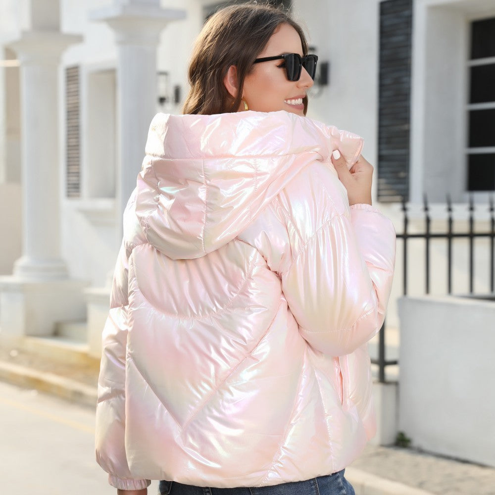 Shiny Surface Cotton Cloth Hooded Puffer Jacket Coat