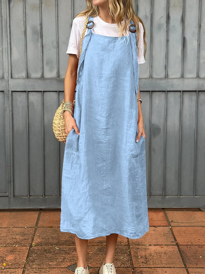 Adjustable Shoulder Strap Casual Cotton And Linen Dress