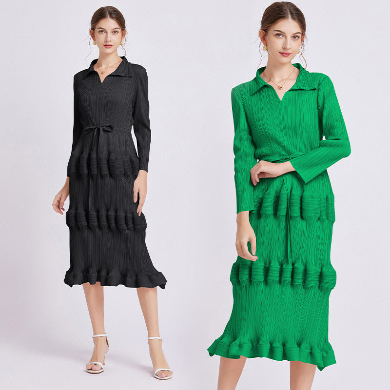 Dress Mid Waist Pleated Slim Fit Lantern Dress