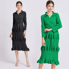 Dress Mid Waist Pleated Slim Fit Lantern Dress