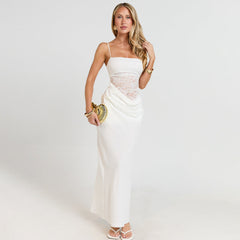 Chic Strapless Lace-Patchwork Evening Gown Long Street-Style Slim-Fit Slip Dress With Open Back
