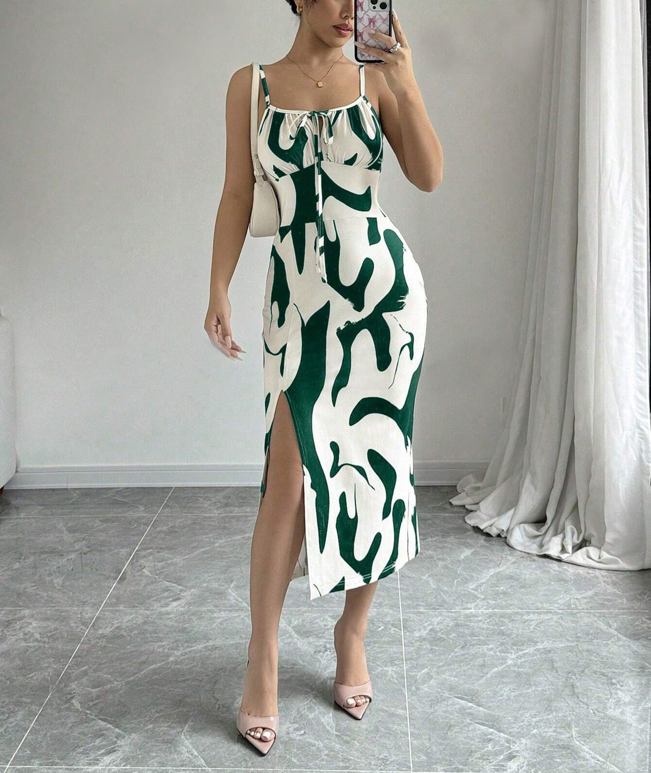 Printed Suspender Split Dress Slim Lace-up Long Dresses For Clothing