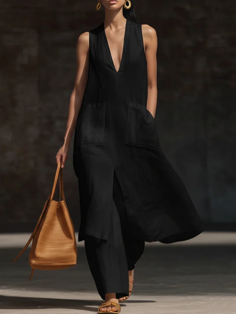 Casual Style V-Neck Sleeveless Dress Set