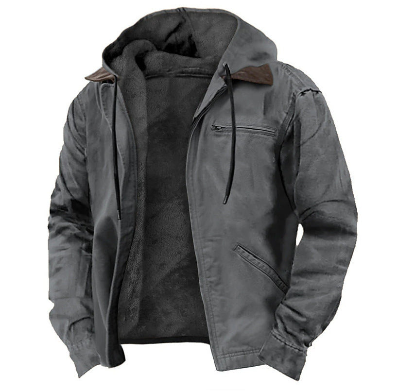 Hooded Coat With Pockets Warm Fleece Zip-up Jacket Casual Outwear Men's Clothing