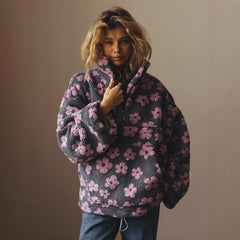 Flowers Lambskin Sweatshirt With Big Pocket Casual Loose Zip-up Lapel Pullover Top Clothing