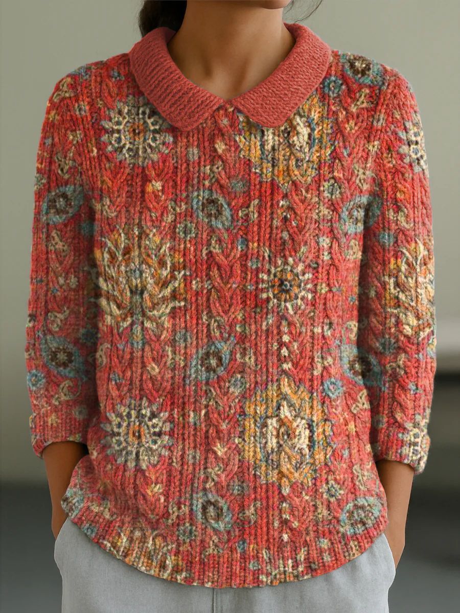 And Doll Collar Knitted Jacquard Fabric French Retro Printed Top