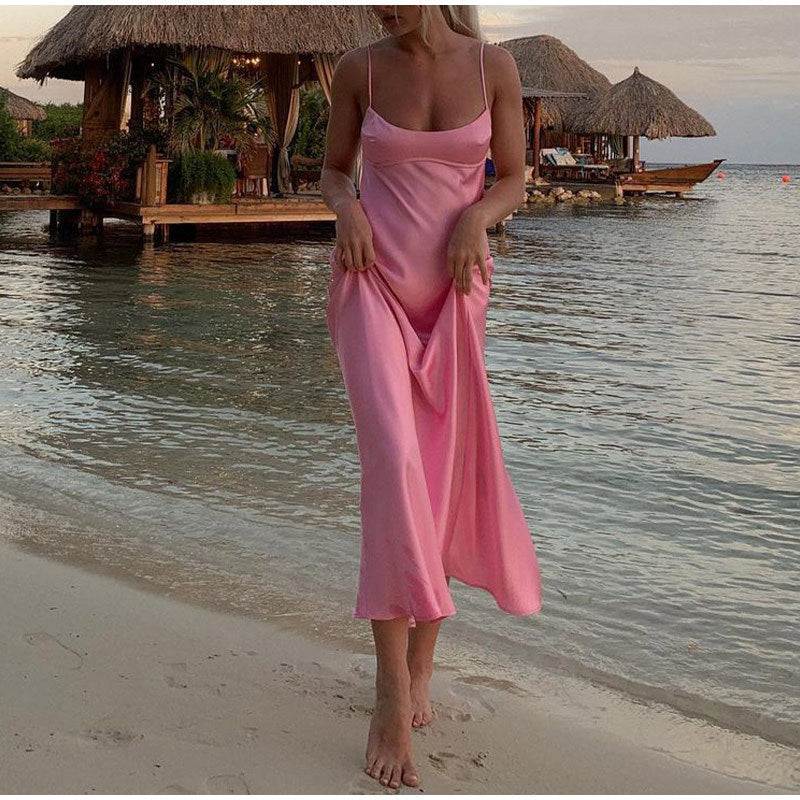 Camis Satin Long Dresses Elegant Sleeveless Slip Holiday Party Dresses Casual Backless Dresses