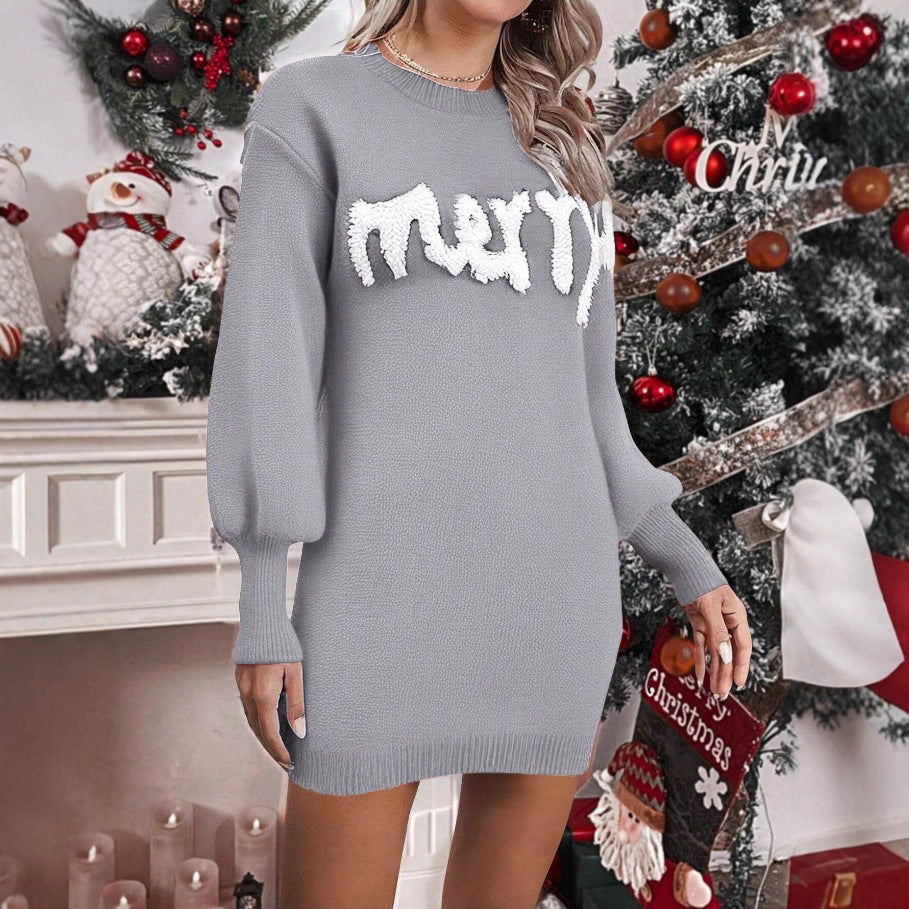 Knitted Round Neck Lantern Sleeve Pullover Sheath Dress