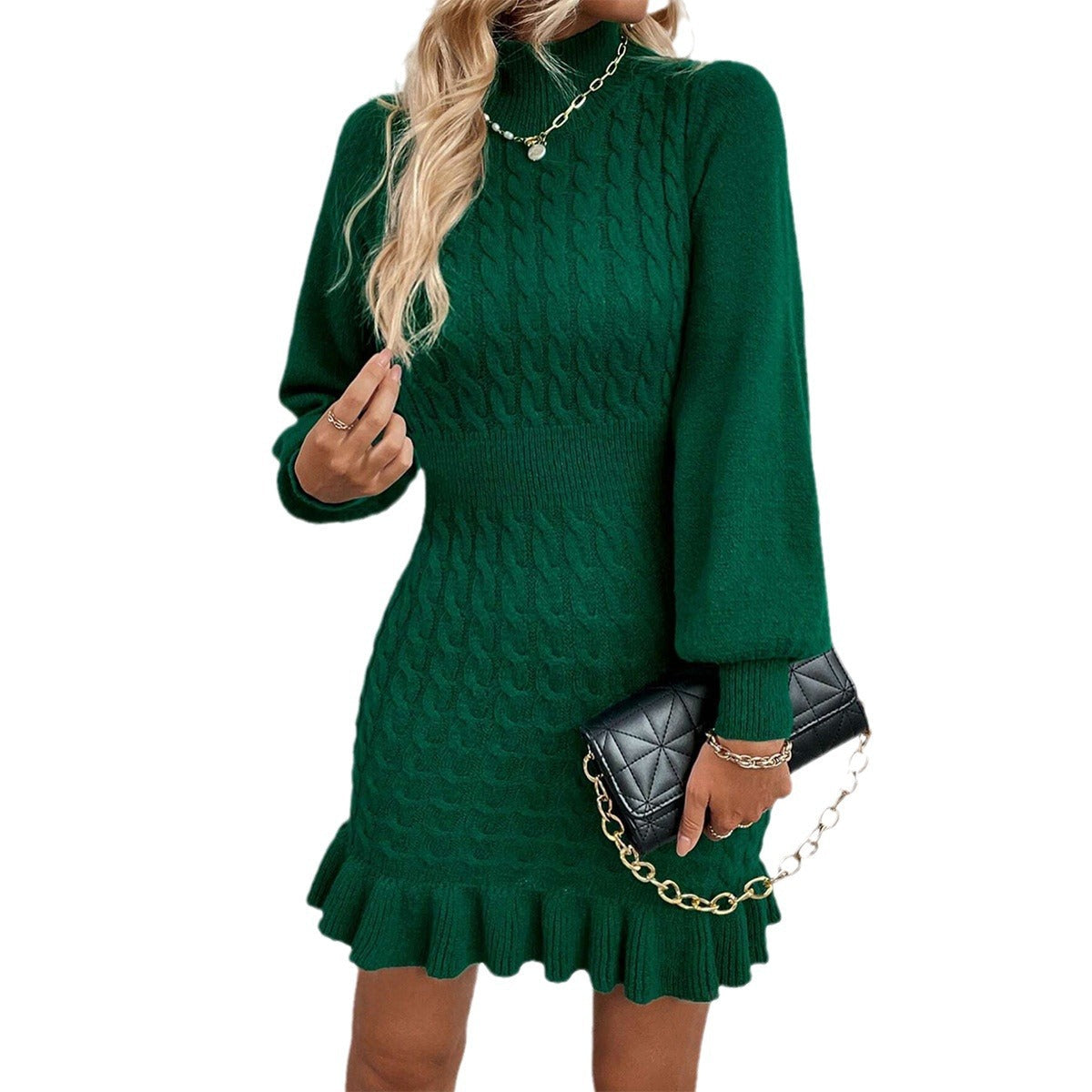 Clothing Temperament Twisted Waist Solid Color Dress