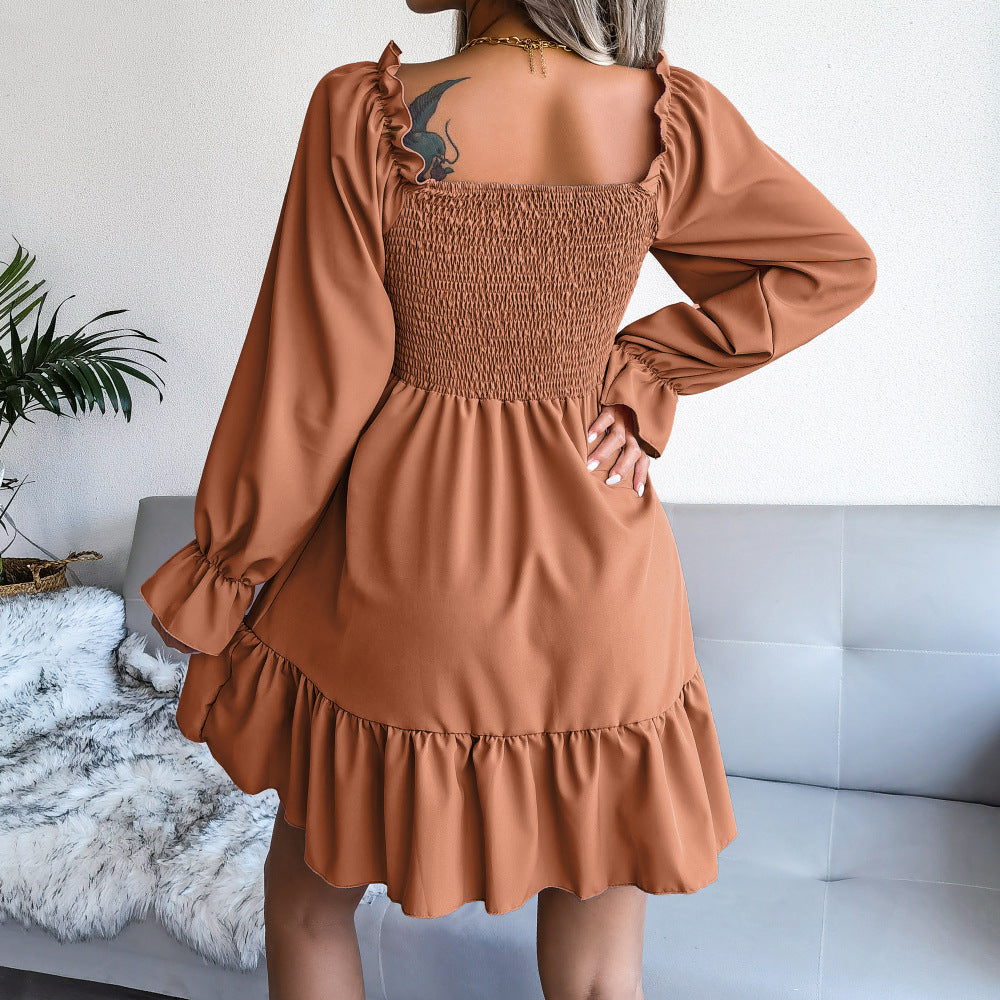 Flared Long Sleeve Dresses Square Neck Ruffled Swing Dress