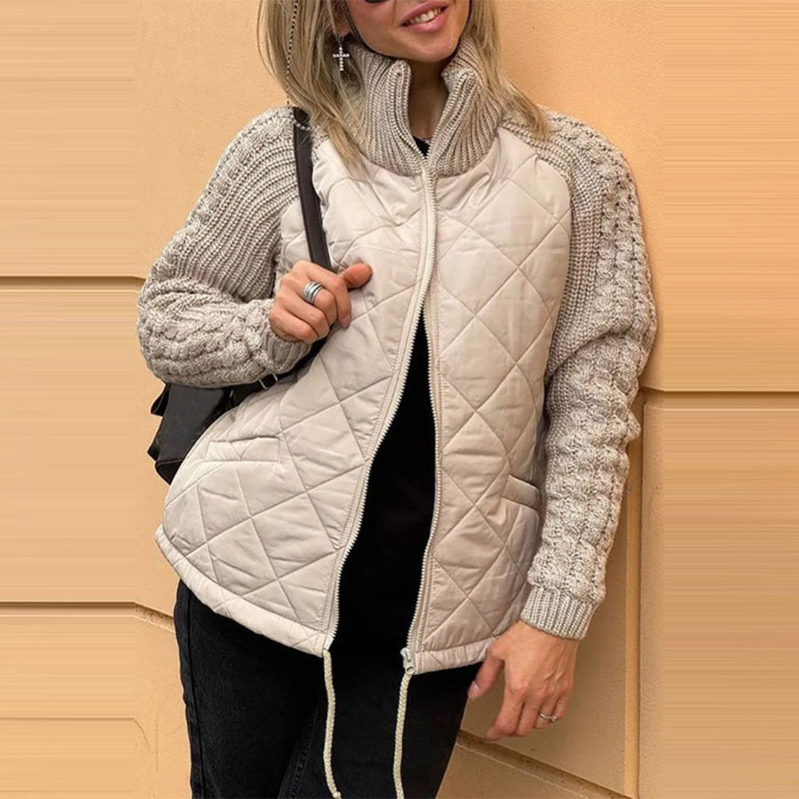 Stand Collar Cotton Jacket With Pockets Knitted Stitching Zipper Coat Warm Tops For Clothing