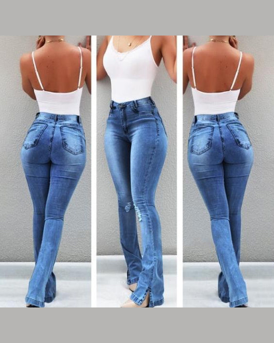 Elastic Slit Flared High Waist Jeans Trousers