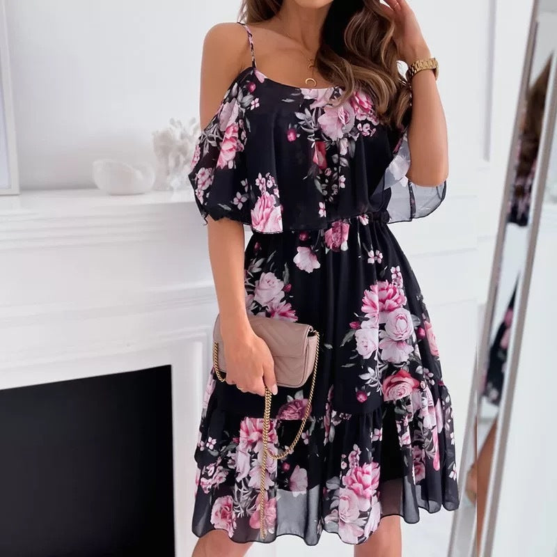 Flower Printed Ruffled Suspender Dress â€?Off-the-Shoulder Strap Dress