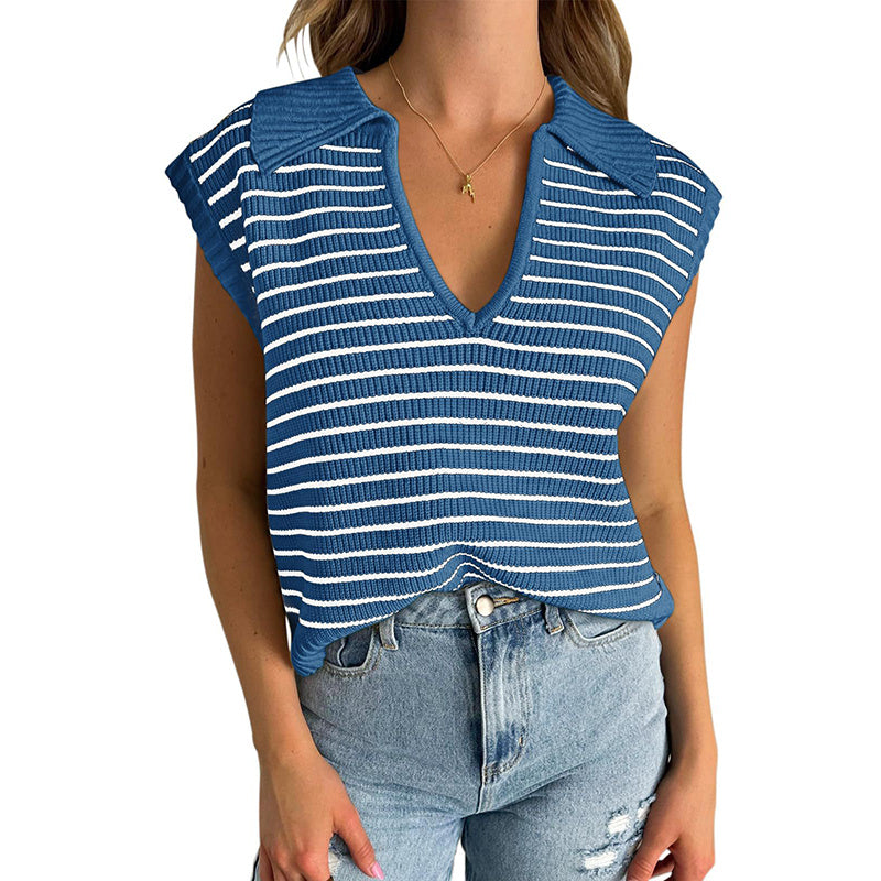 V Neck Cap Sleeve Sweater Vest Sleeveless Collared Striped Knit Tank Tops