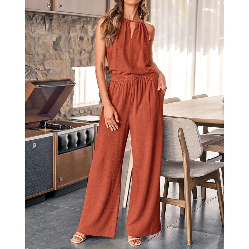 Hollow-out Halter Top And Wide-leg Pants Casual Cotton-Linen Set