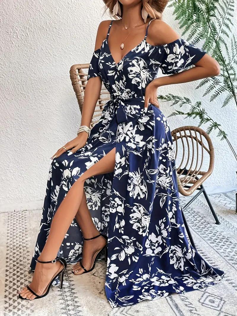 Ins Off-Shoulder Split Dress Floral Print Suspender Long Dresses With Belt Design Beach Clothing