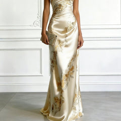 Golden Printed Off-Shoulder Slim-Fit Long Dress
